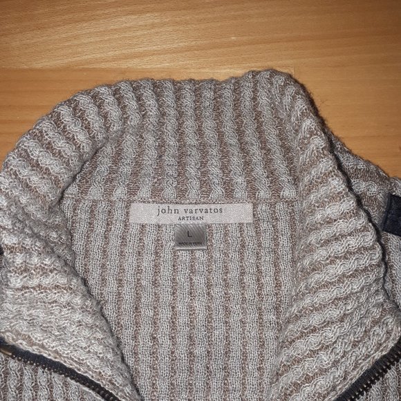 John Varvatos Artisan Beige Tan Alpaca Silk Leather Zip Sweater (Large) - Picture 3 of 7